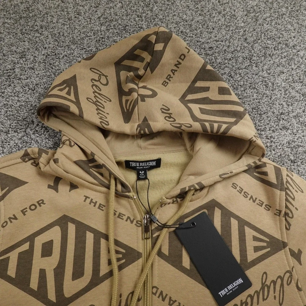 NEW True‎ Religion Hoodie Mens S Beige Horseshoe Logo Full Zip Sweatshirt Jacket